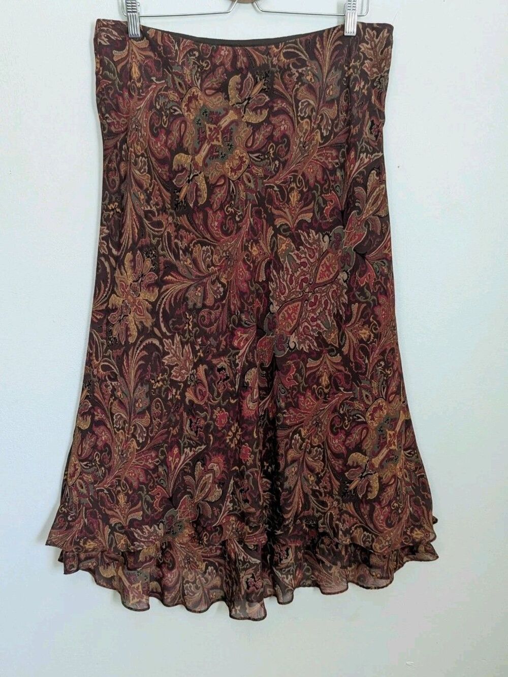 Chaps Bias Cut Maxi Skirt Pull On Brown Paisley High Low Ruffle Hem Boho Y2k L